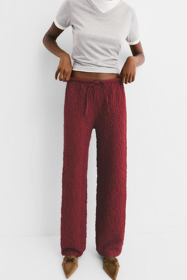 Buruşuk görünümlü geniş paça pantolon - 4