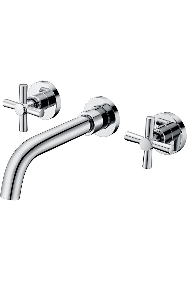 Wall Mounted Basin Mixer Tap with Double Cross-head Handles Brass Chrome