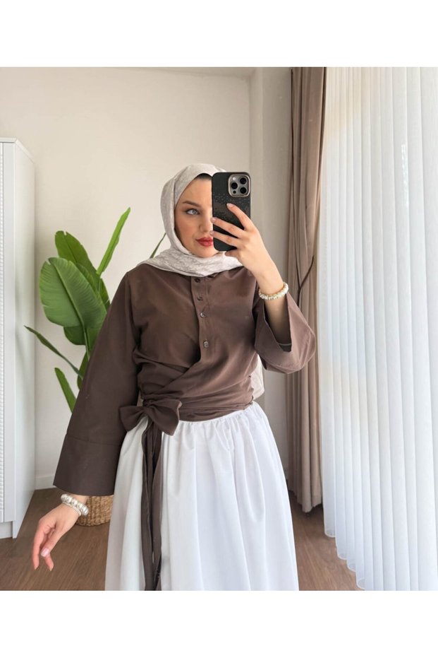 Women's Waist Tied Belted Shirt with Belted Skirt - Brown