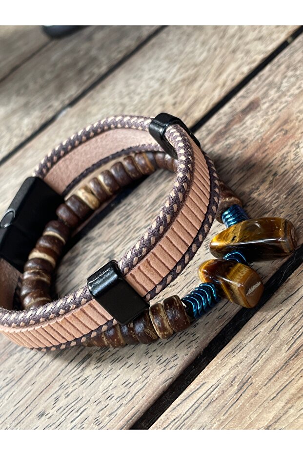 Masculine Men's Bracelet Set Special Design Leather and Tiger's Eye Natural Stone