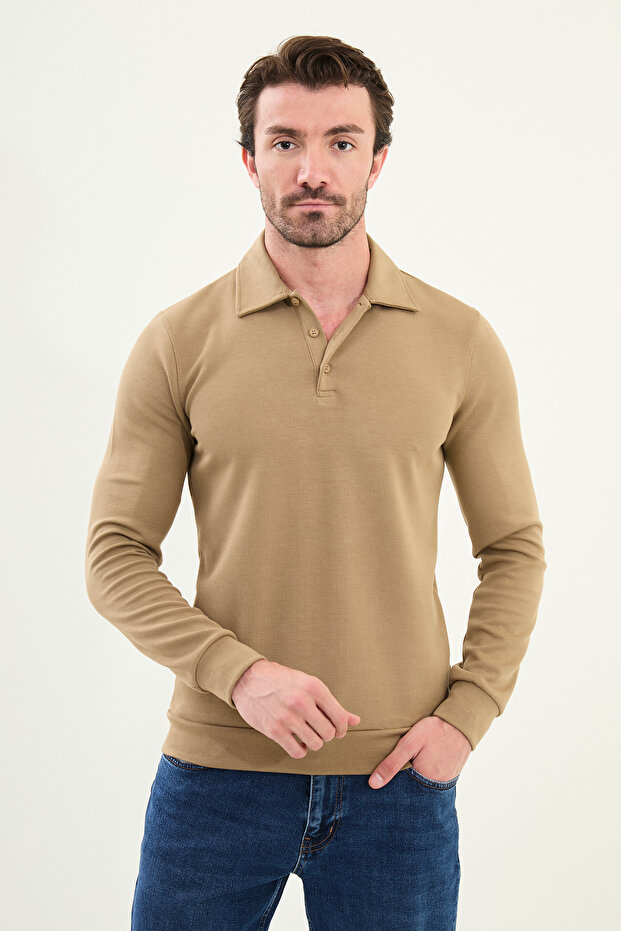 Striped Slim Fit Polo Neck Long Sleeve Cotton Men's T-Shirt Mink - 36860.25K