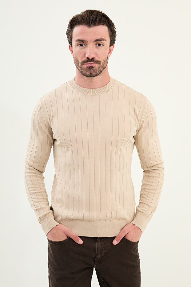Striped Slim Fit Crew Neck Men's Knitwear Sweater Beige - 11550.25K