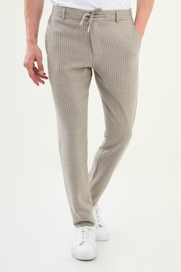Striped Super Slim Fit Elastic Waist Drawstring Cotton Men's Trousers Beige - 38324.25K