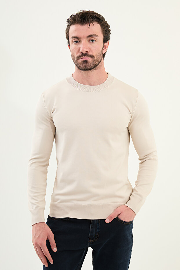 Plain Slim Fit Crew Neck Basic Men's Knitwear Sweater Beige - 11562.25K