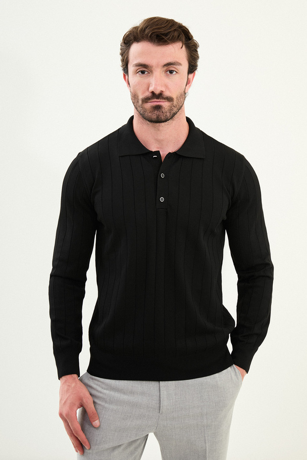 Striped Slim Fit Polo Neck Men's Knitwear Sweater Black - 11559.25K