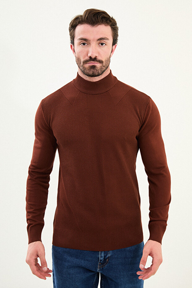 Striped Slim Fit Half Turtleneck Men's Knitwear Sweater Tile - 11568.25K