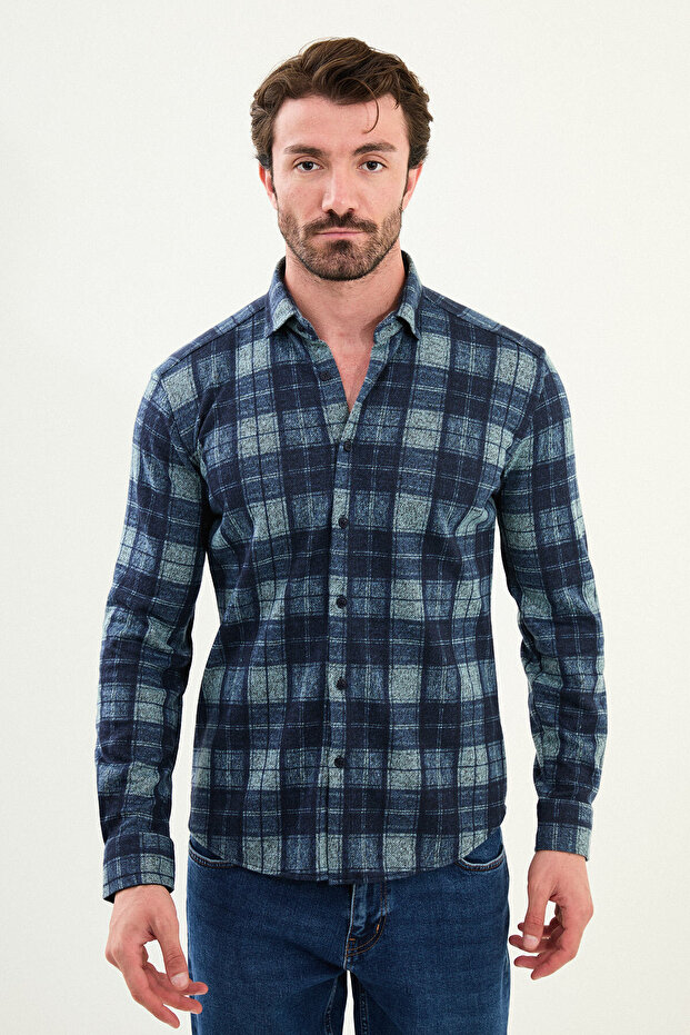 Plaid Slim Fit Long Sleeve Lumberjack Wool Men's Shirt Navy Blue - 27097.25K