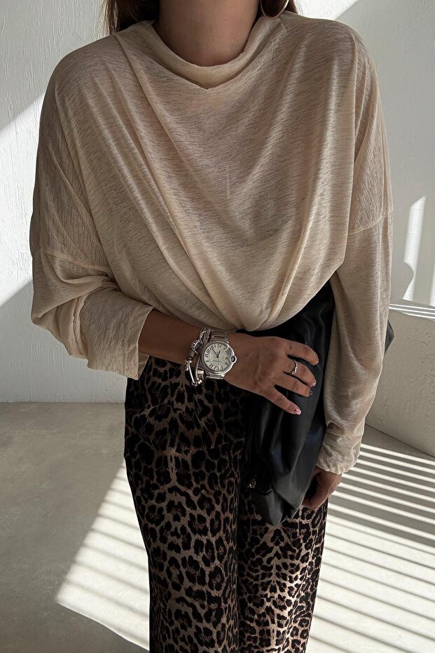 Bej İnce Basic Bluz - 1