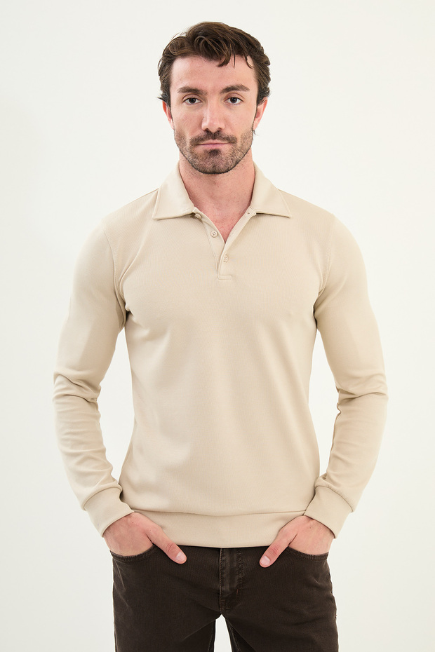 Striped Slim Fit Polo Neck Long Sleeve Cotton Men's T-Shirt Dark Beige - 36860.25K