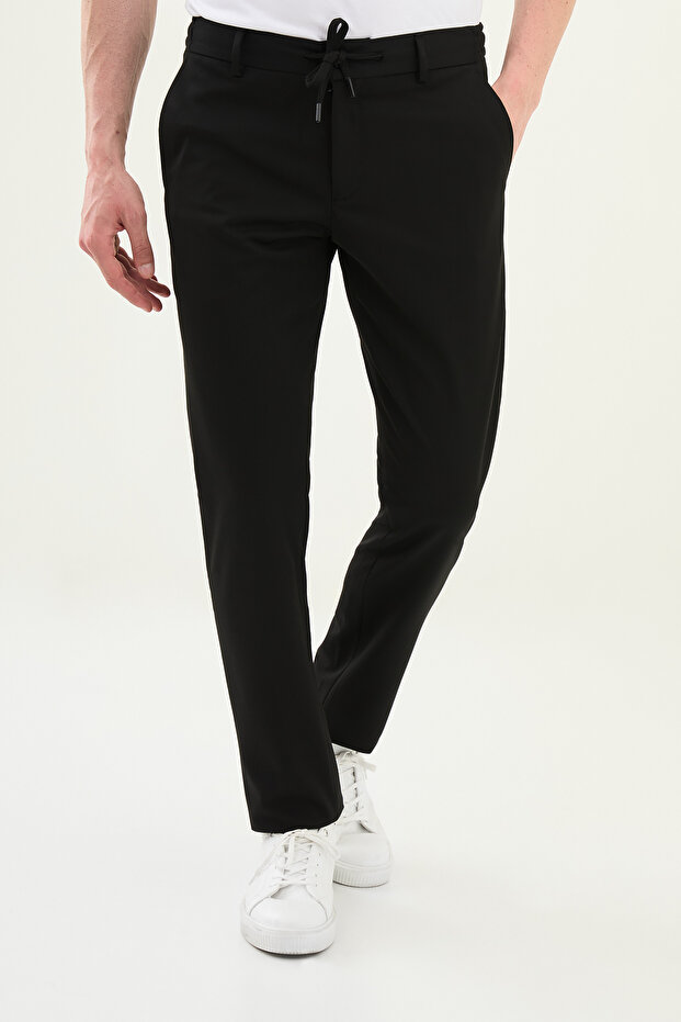 Straight Super Slim Fit Elastic Waist Drawstring Wool Men's Trousers Black - 38323.25K