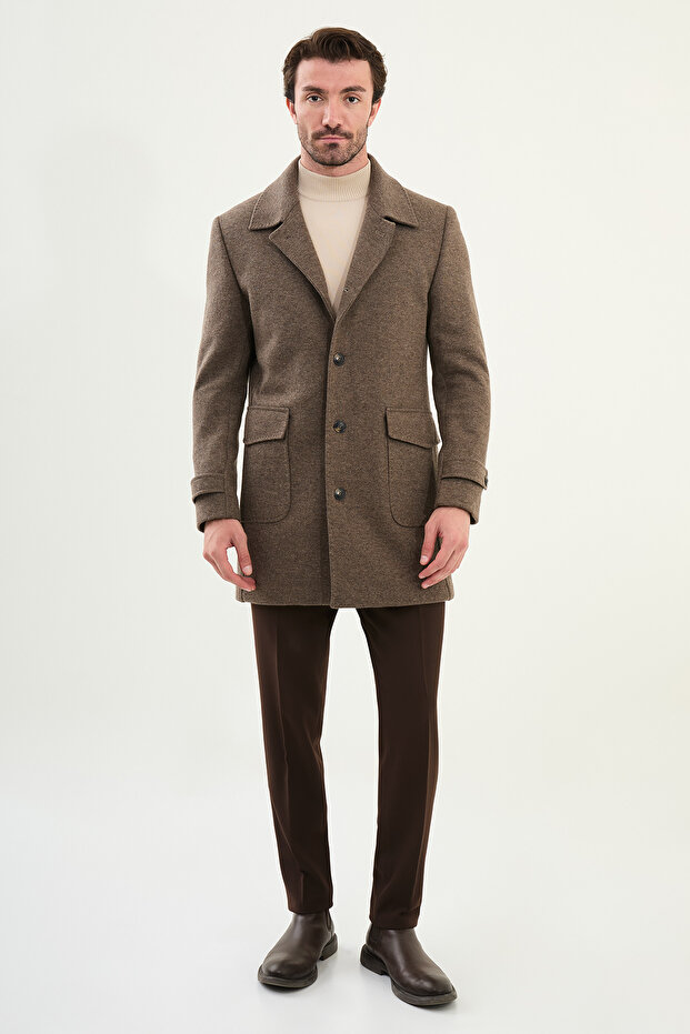 Straight Slim Fit Bag Pocket Wide Collar Wool Men's Coat Mink - 21323.25K