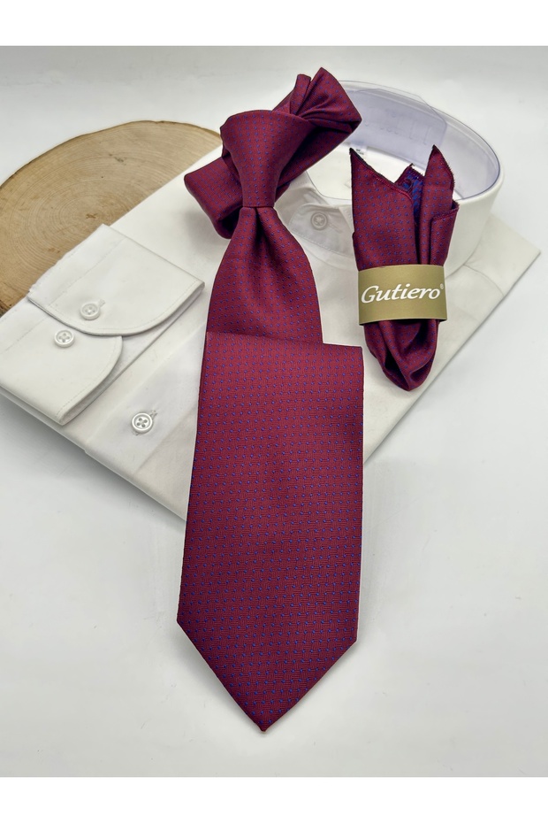 Claret Red Patterned Classic Tie with Handkerchief