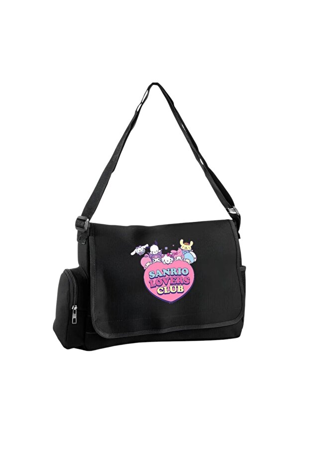 Black Sanrio Lovers Club Printed Unisex School, Course, School Messenger Bag