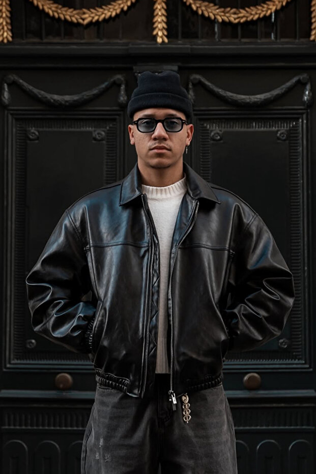 Oversize Black Men's Leather Jacket - Black Bomber Style Stylish Street Fashion Men's Coat Jacket