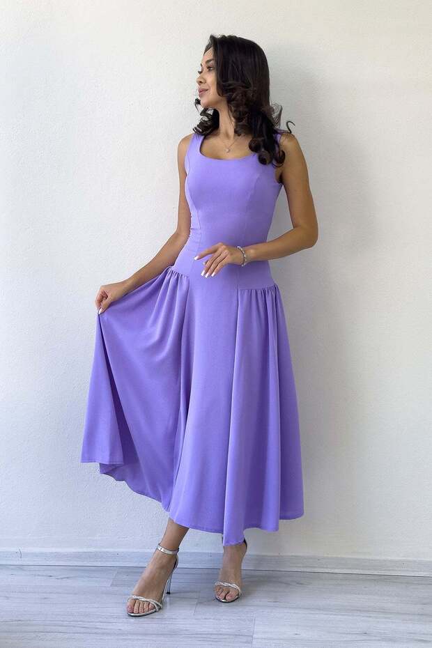 Square Neck Thick Strap Flared Dress Black, Cobalt Blue, Lilac, Red