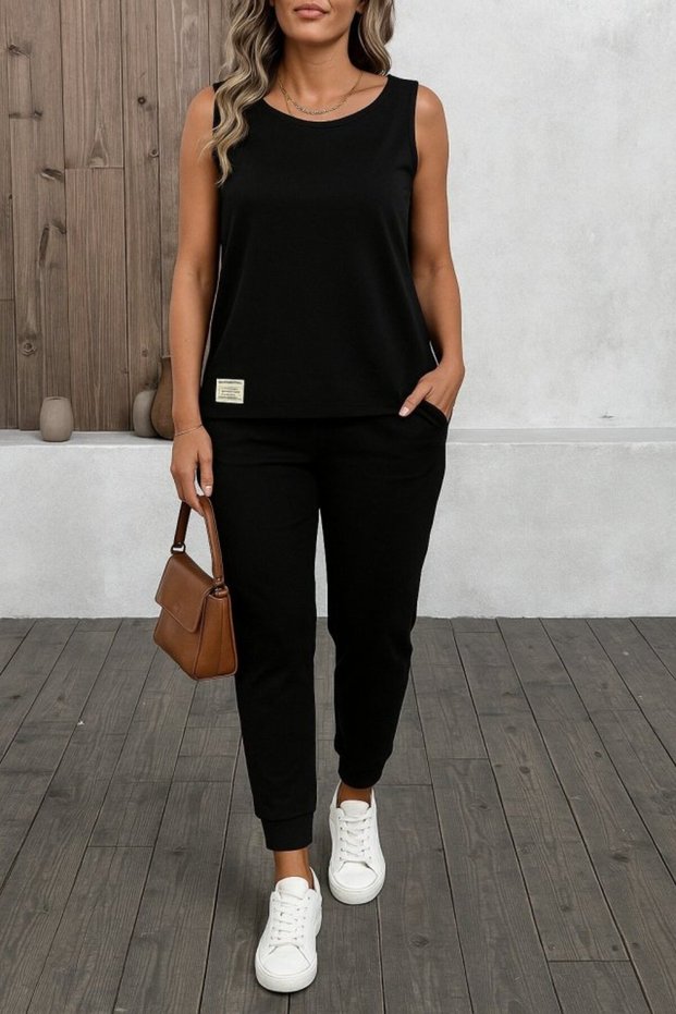 Women's Strappy Round Neck Viscose Two Thread Blouse and Sweatpants Double Set
