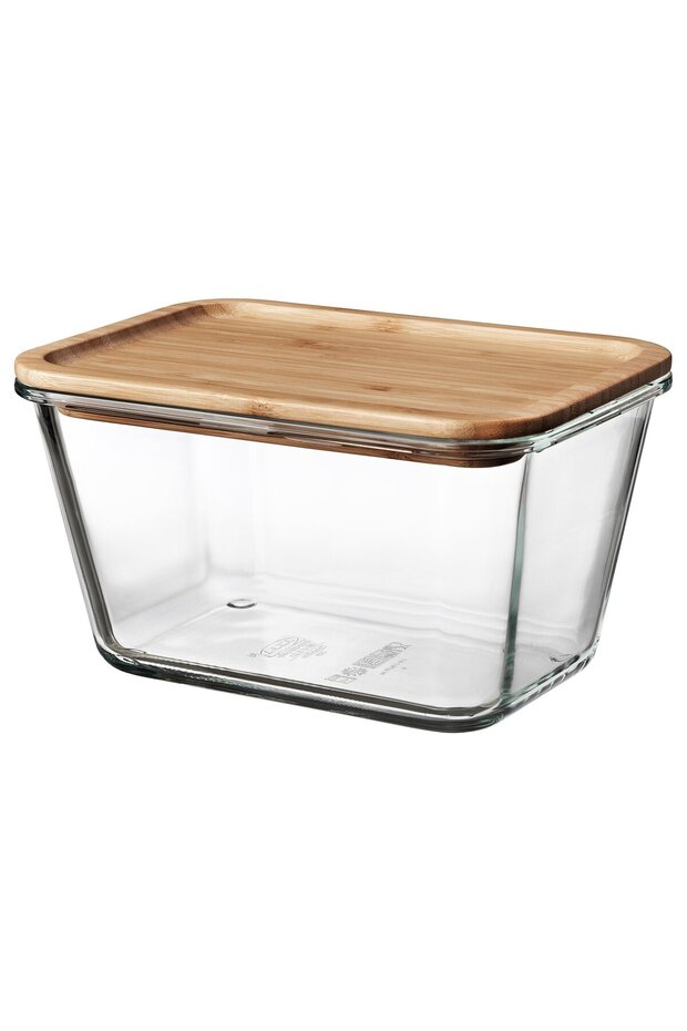 365+ Food container with lid, rectangular glass/bamboo, 1.8 l