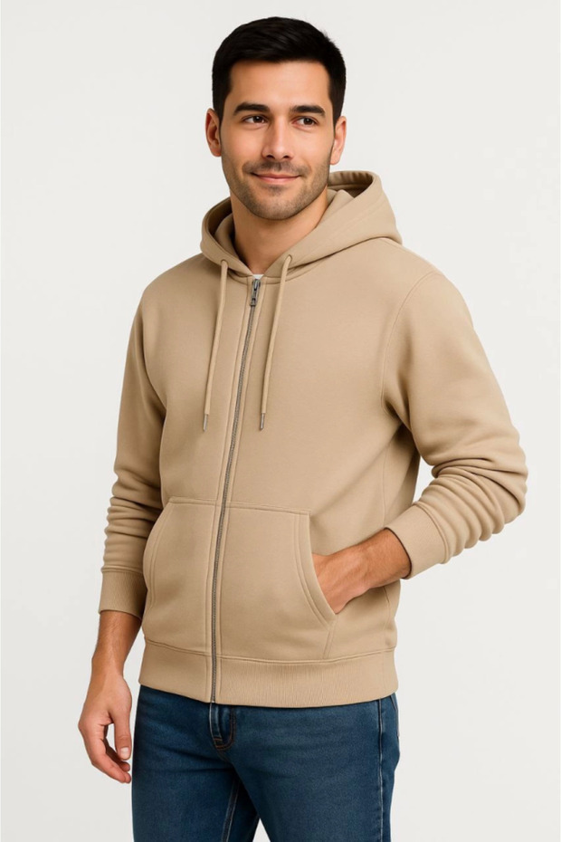 Men's Three Thread Hooded Full Zipper Kangaroo Pocket Sweatshirt Hoodie - Beige