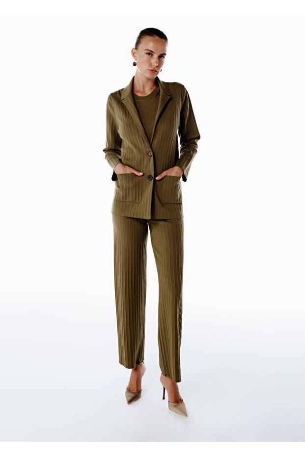 Extrafıne Merino Yün Karışımlı Triko Pantolon Olıvestone - 3