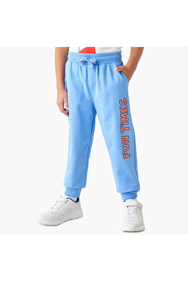 Slogan Print Jog Pants with Pockets and Drawstring Closure