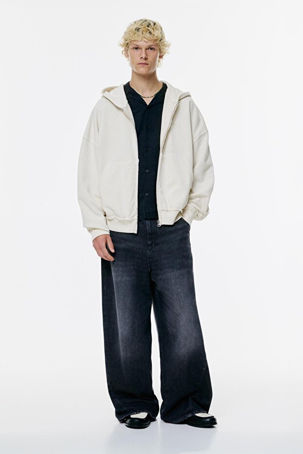 Kapüşonlu Fermuarlı Yıpranmış Sweatshirt - 6