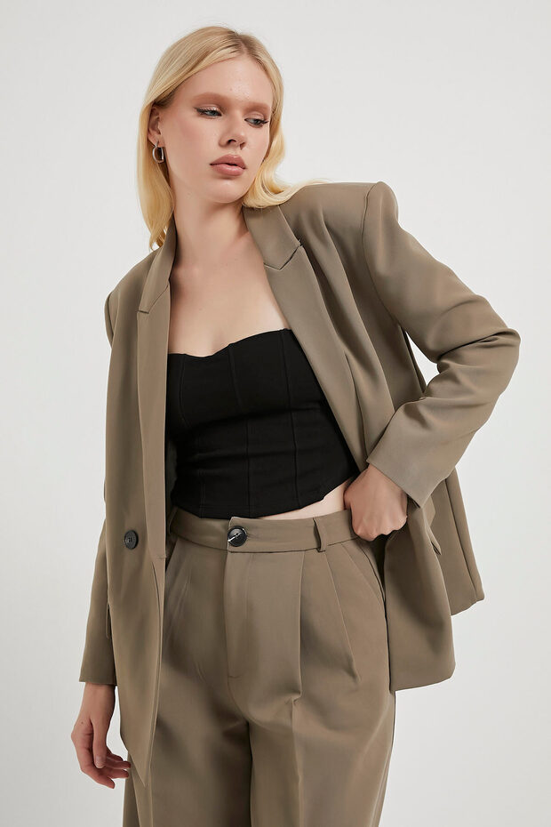 Kadın Çift Düğmeli Premium Basic Haki Blazer Ceket - 1