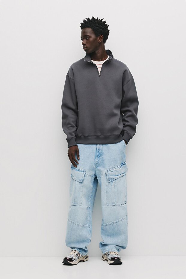 Fermuarlı dik yaka basic sweatshirt - 2