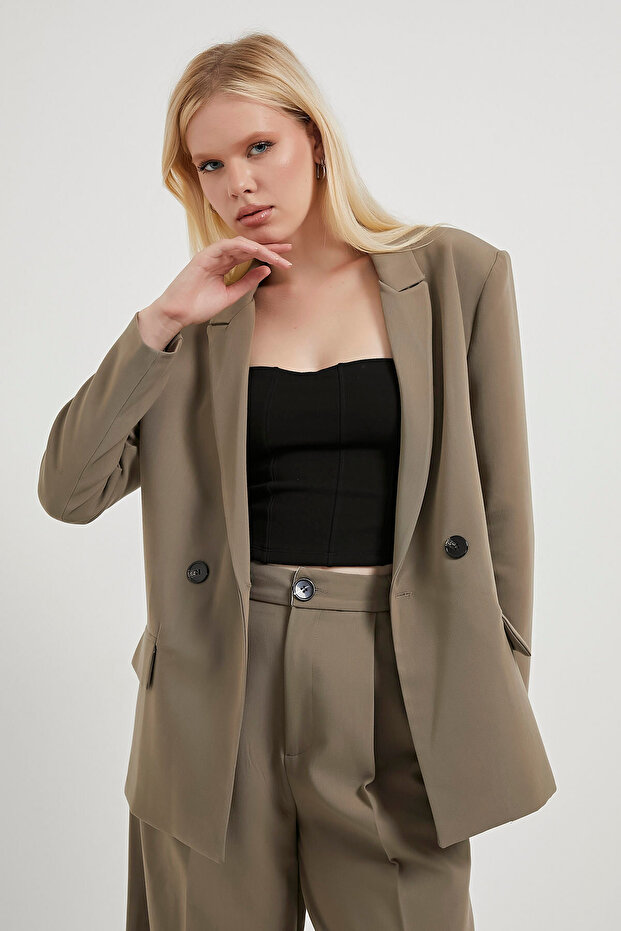 Kadın Çift Düğmeli Premium Basic Haki Blazer Ceket - 2