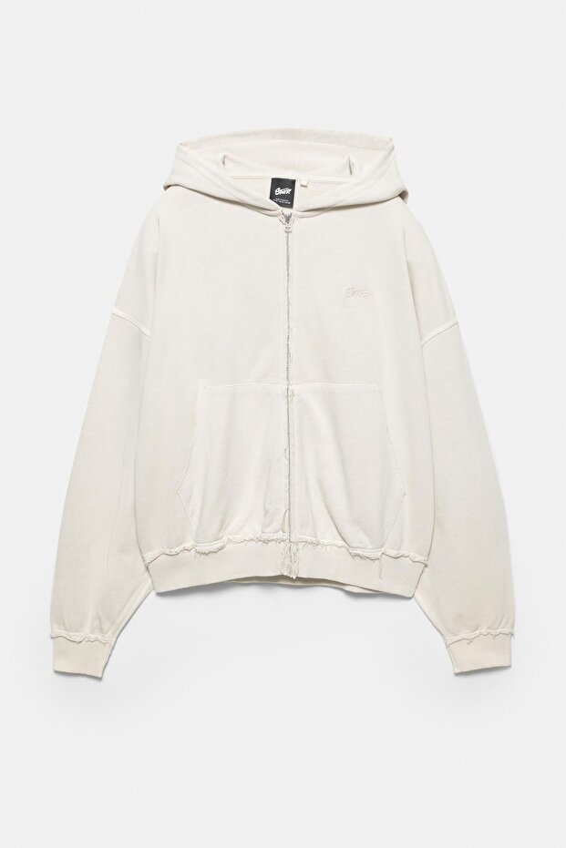 Kapüşonlu Fermuarlı Yıpranmış Sweatshirt - 8