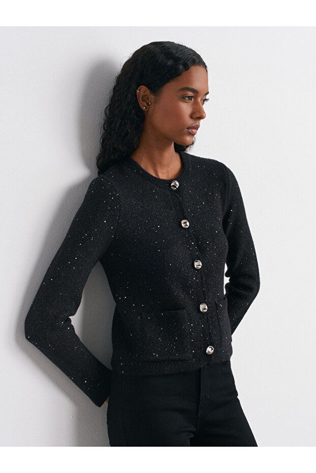 60935 Crew Neck Sequin Glitter Button Knitwear Cardigan-Black