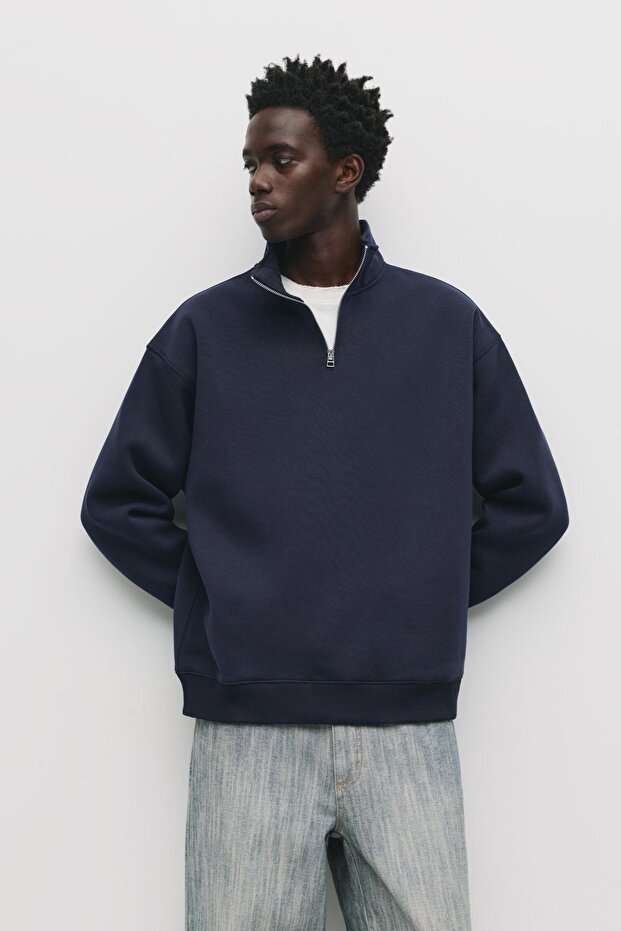 Fermuarlı dik yaka basic sweatshirt - 1