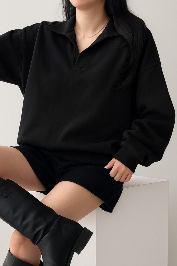 Unisex V-Yaka Yakalı Basic Oversize Swetshirt - 4