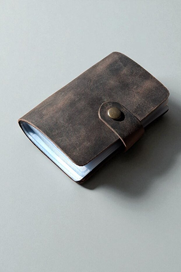 Brown Card Holder Genuine Leather Transparent Inside 10 Compartments Small Card Holder Gift Business Card Holder 9 X 7 cm