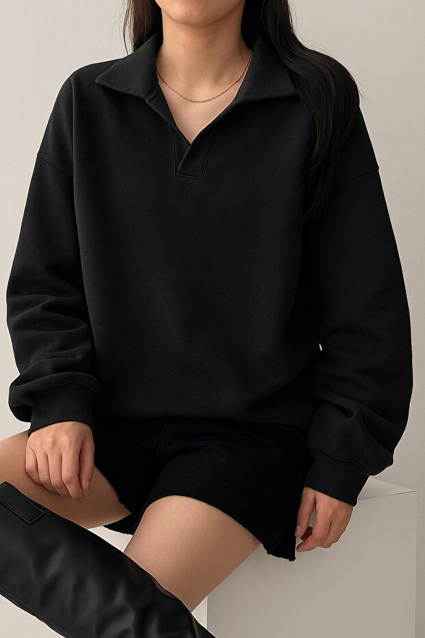 Unisex V-Yaka Yakalı Basic Oversize Swetshirt - 8