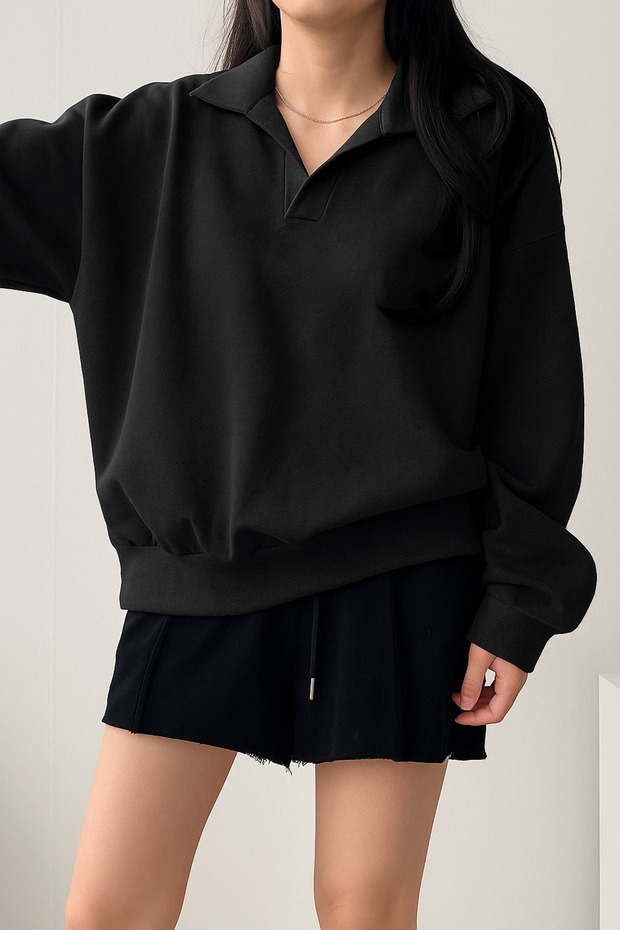 Unisex V-Yaka Yakalı Basic Oversize Swetshirt - 6