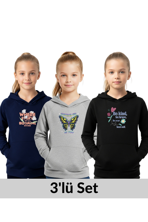 3-Piece Hooded Kangaroo Pocket Printed Detail Girls' Sweatshirt