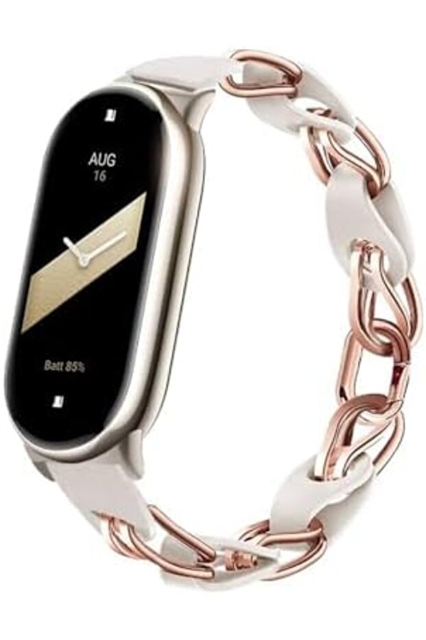 Stainless Steel Leather Ring Chain Belt Mi band 8 Straps Silver & Rose Gold