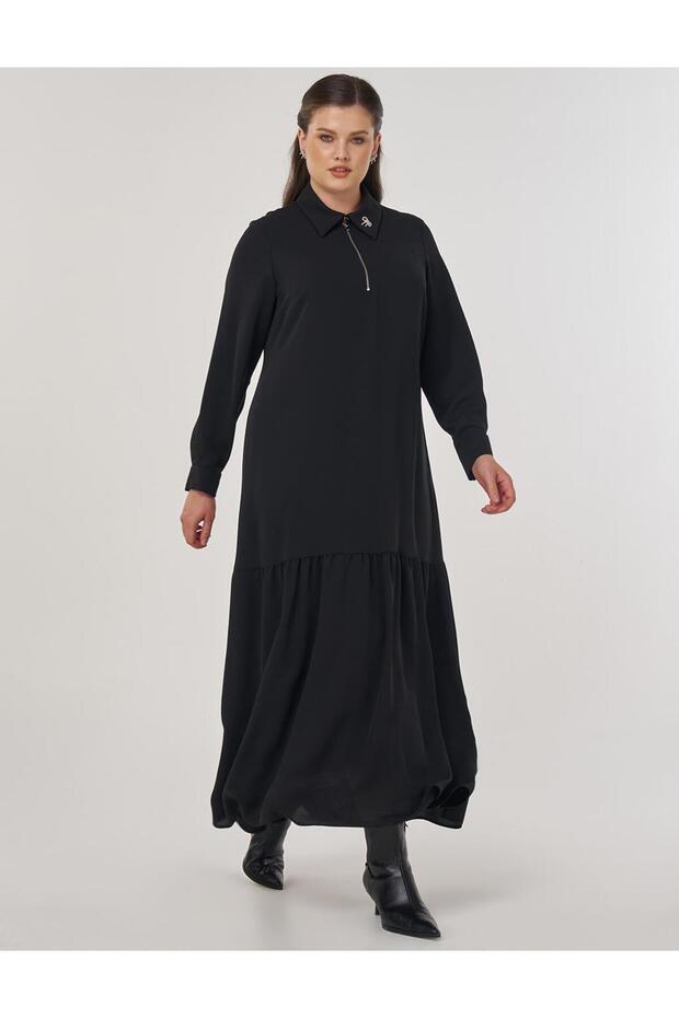 Katlı Gömlek Elbise Siyah - 1