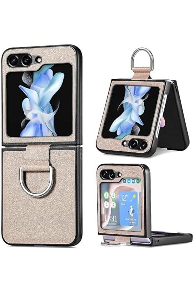 Samsung Galaxy Z Flip 5 Case Cover | Leather Case With Ring Holder | Beige