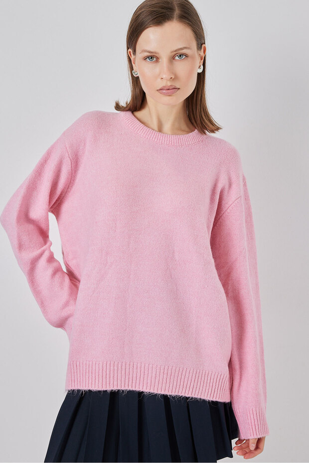 15895 Baklava Desenli Oversize Triko Kazak - A. Pembe - 3
