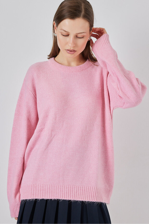 15895 Baklava Desenli Oversize Triko Kazak - A. Pembe - 1