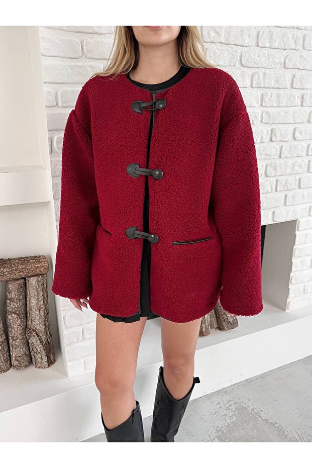 Three Button Buckle Plush Coat - 5