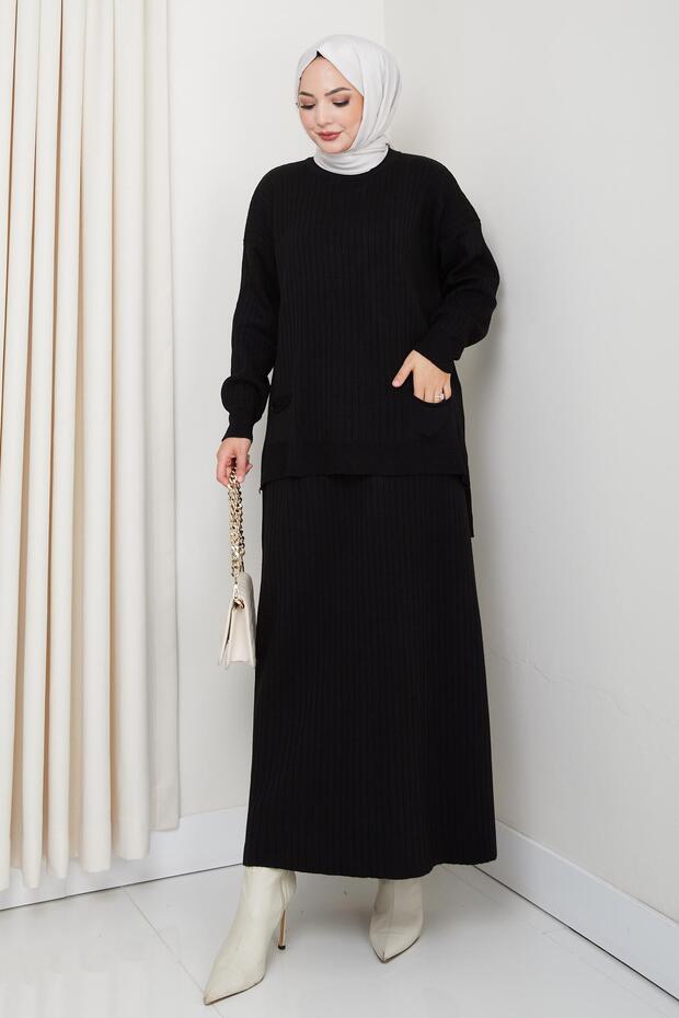 Vertical Striped Knitwear Tunic Skirt Set with Pockets