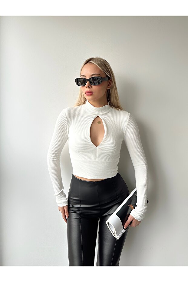 Women's Ecru Turtleneck Blouse with Window Detailing on the Front