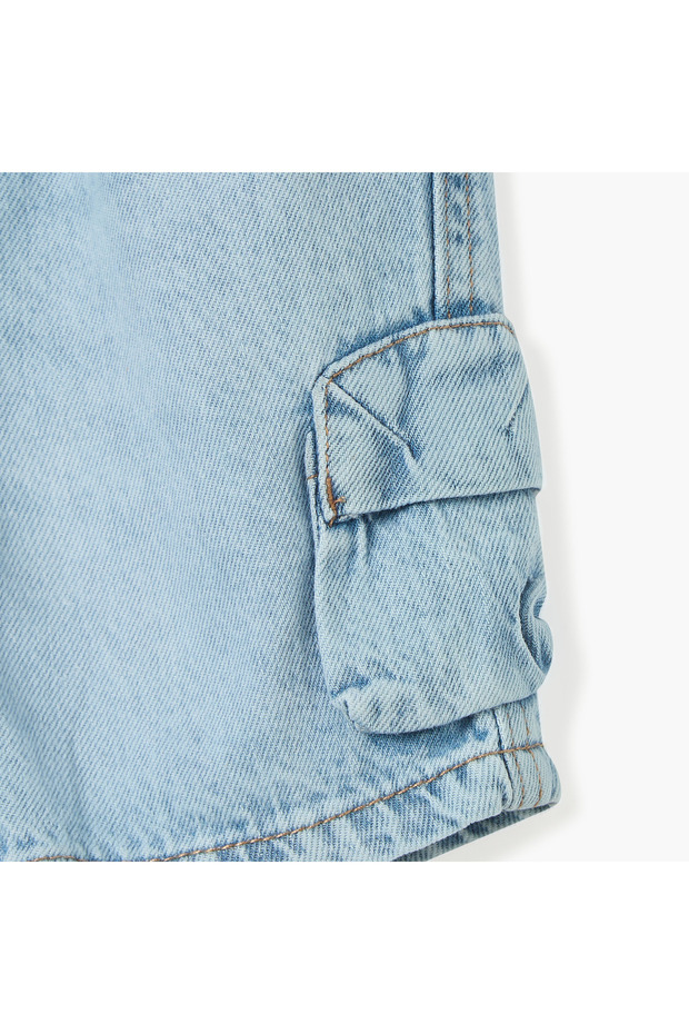 Solid Denim Shorts with Drawstring Closure and Pockets - 4