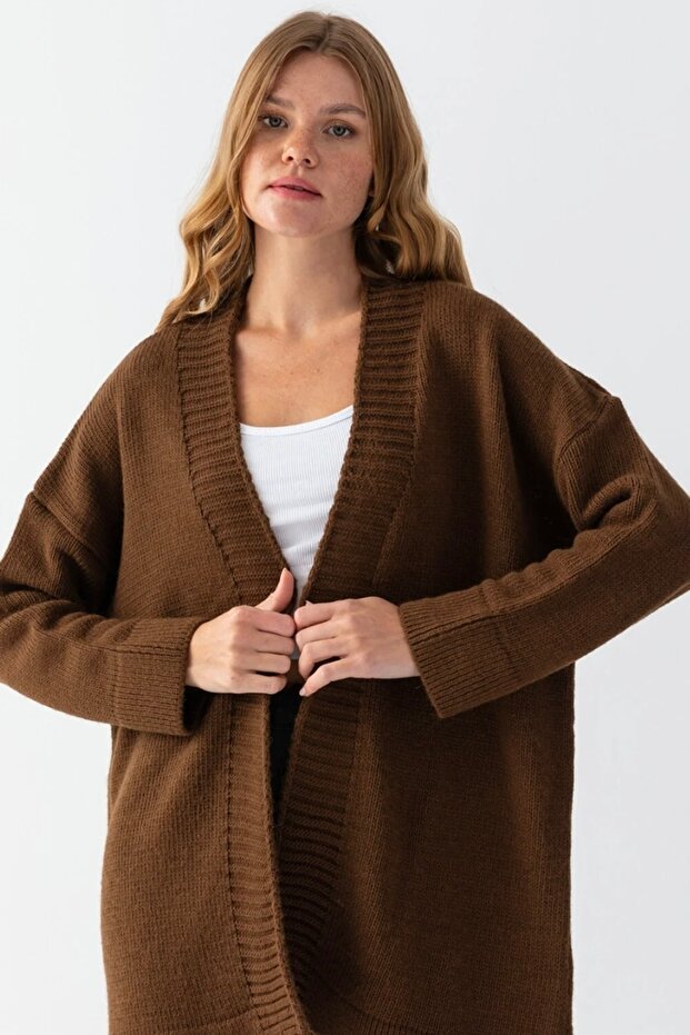 Basic Midi Length Oversize Soft Textured Knitwear Cardigan Aw25Hi0012