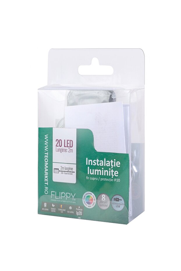 Christmas light string, 2 m, 20 LEDs, multicolor, 8‑function remote, USB, copper wire - 3