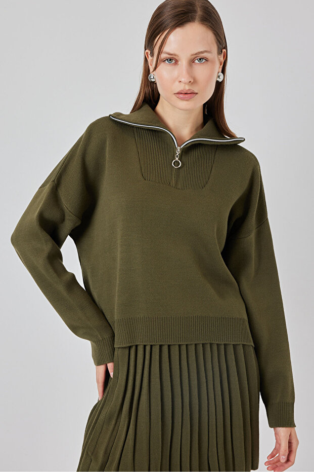 Women's Sweater Skirt Double Set 15938 - Khaki