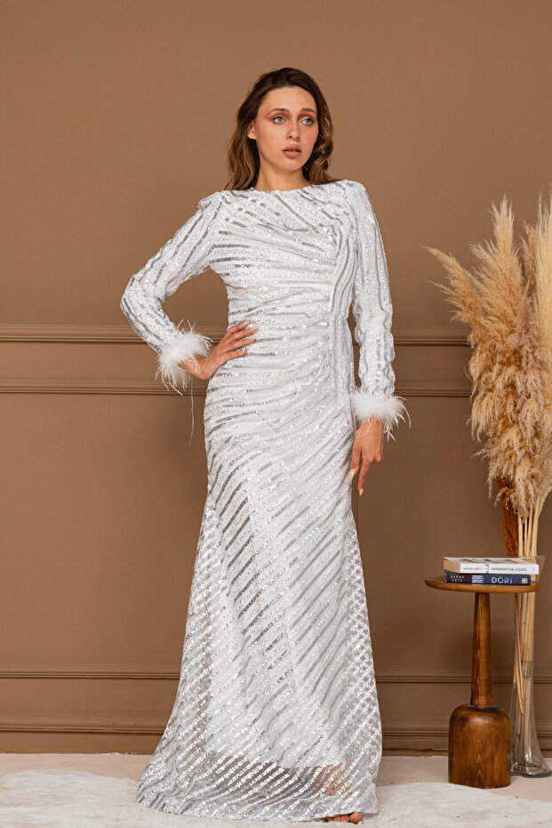 Sequin Sequined Tesettür Long Evening Dress - White