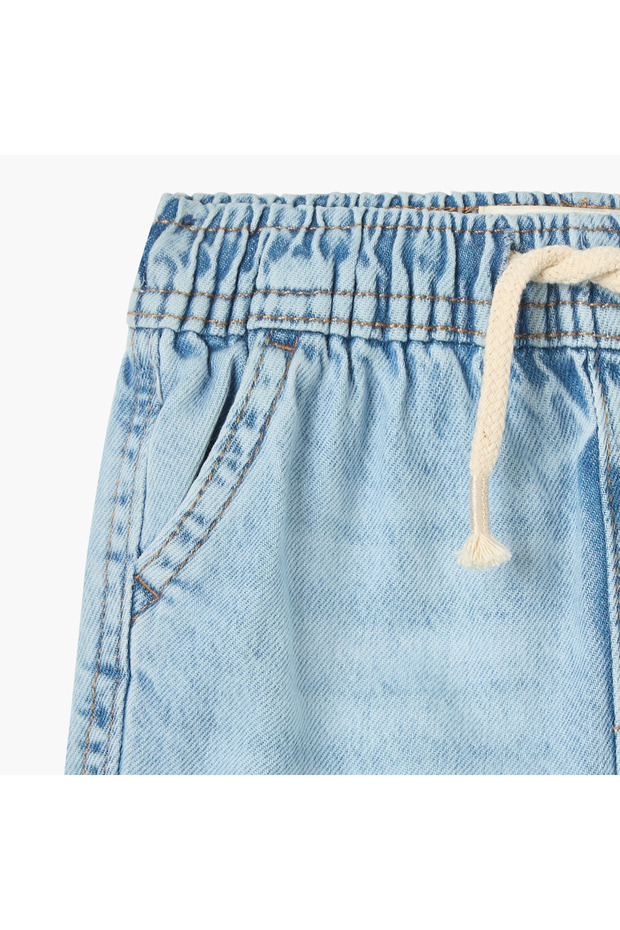 Solid Denim Shorts with Drawstring Closure and Pockets - 3